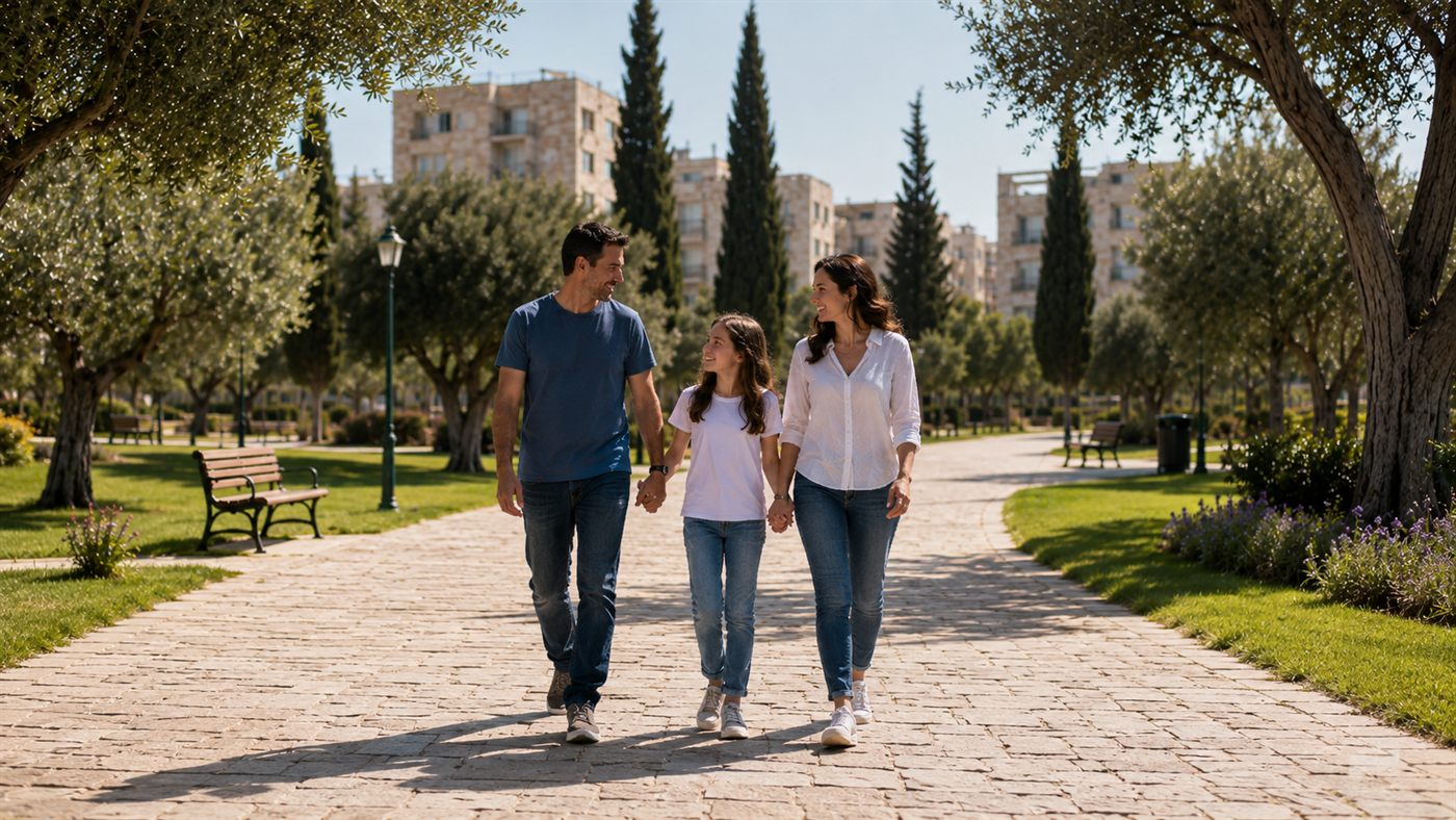משפחה מטיילת בשכונת המגורים